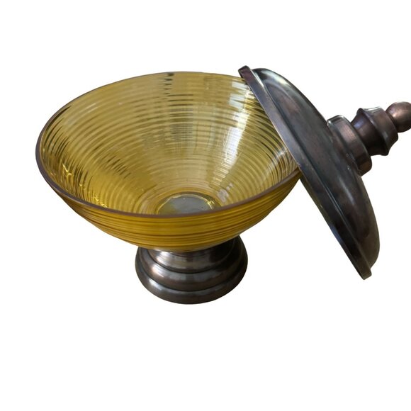 Vintage Mid Century Modern Glass Metal Candy Dish Large 7.5" Diameter Yellow Brn - Picture 1 of 11